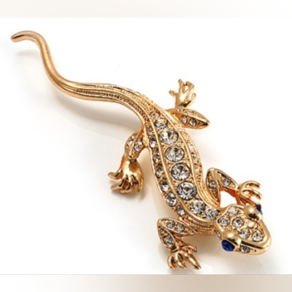 Gold Tone Crystal Rhinestone Lizard Brooch